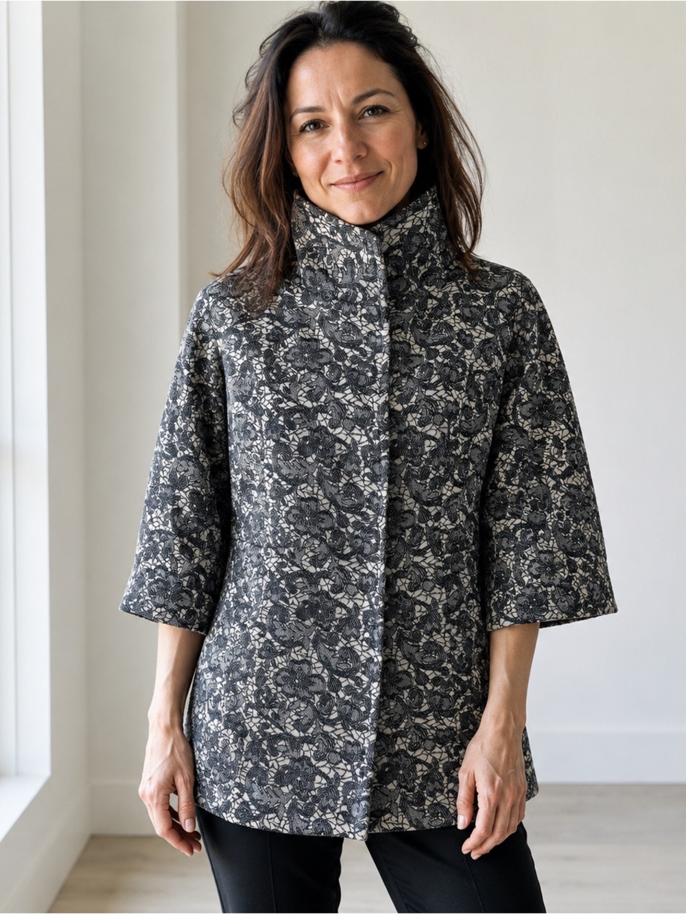 Zokai Floral Jacquard Longline Jacket High Collar Black Ivory Size Small